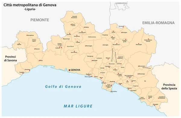 Mapa administrativo y político de la ciudad metropolitana de Génova en la región de Liguria Italia — Vector de stock
