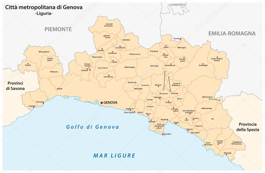 administrative and political map of the metropolitan city of Genoa in the region of Liguria Italy