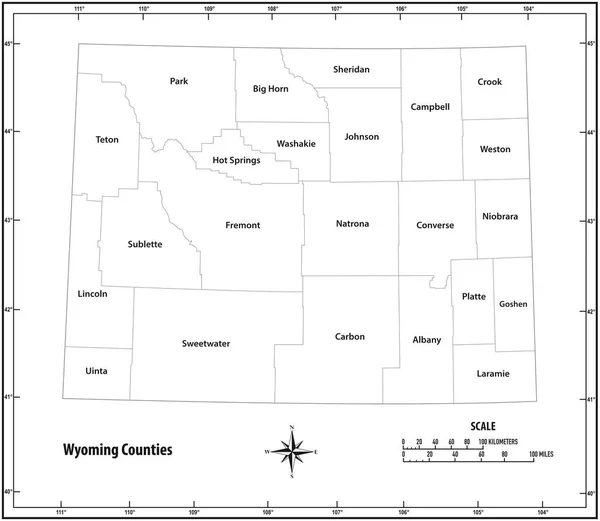 Stan Wyoming zarys administracyjnej i politycznej mapy w czerni i bieli — Wektor stockowy
