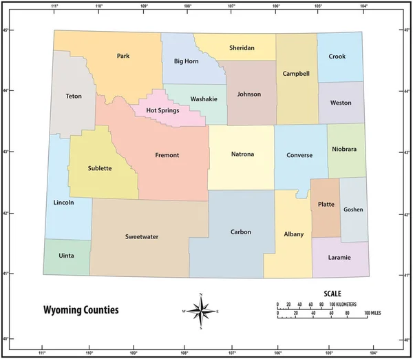 Wyoming eyaleti idari ve siyasi haritayı renkli olarak anahatla — Stok Vektör