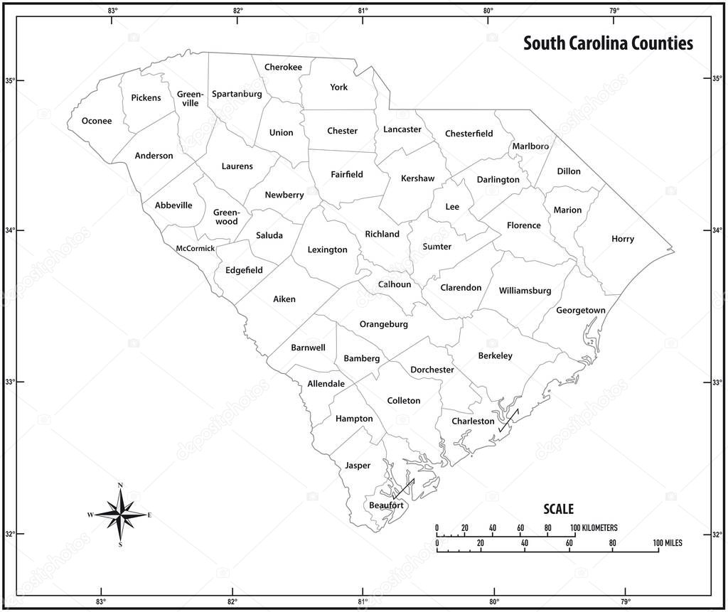 South Carolina state outline administrative and political map in black and white