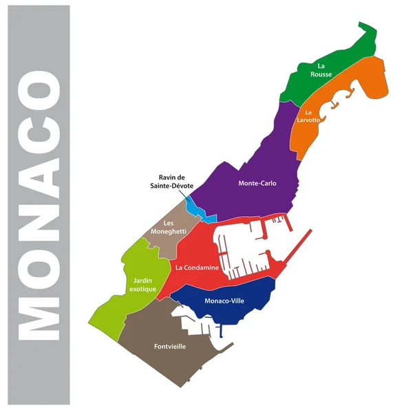 Colorido Principado de Mónaco mapa administrativo y político — Archivo Imágenes Vectoriales