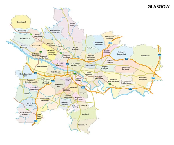 Mappa della città scozzese di Glasgow con strade e tutti i quartieri — Vettoriale Stock