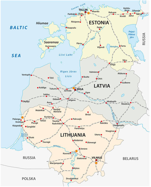Map of the railroad tracks in the three Baltic states
