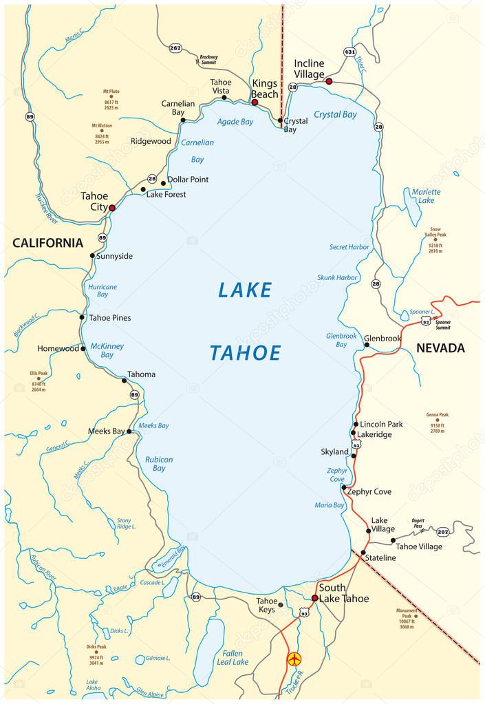 Map of Lake Tahoe, located between the US states of California a