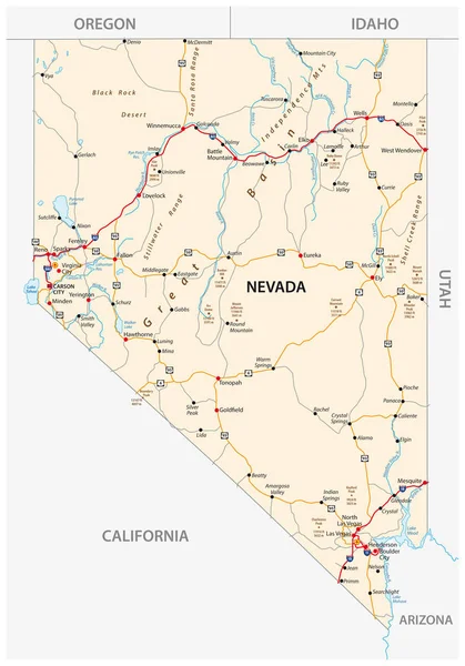 Nevada Road map met Interstate VS snelwegen en federale snelwegen — Stockvector