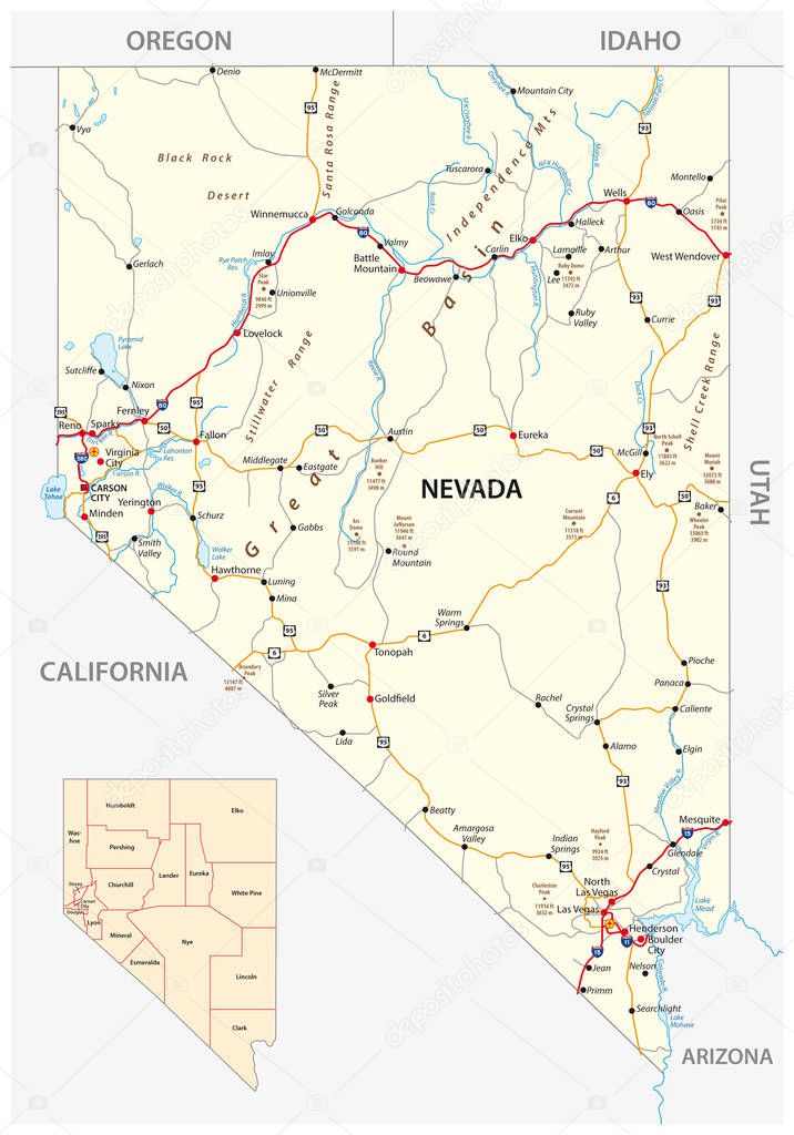 Nevada road and administrative map with interstate US highways and main roads