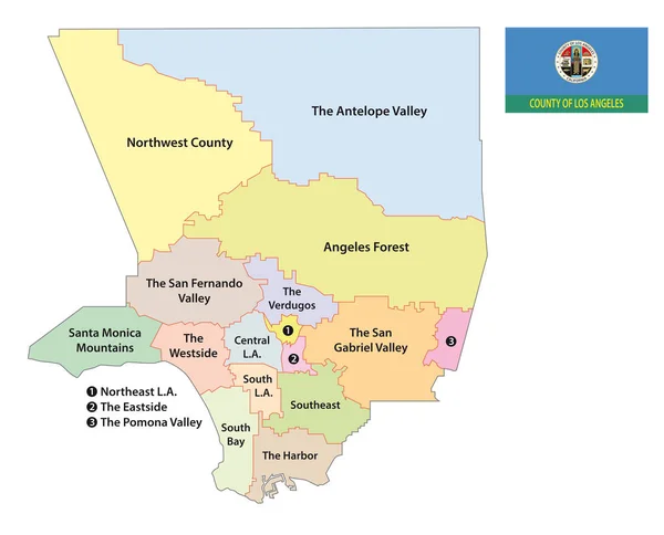 Mapa regionów hrabstwa Los Angeles z flagą — Wektor stockowy