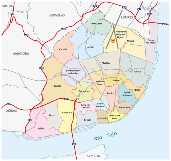 Roteiro administrativo e rodoviário da nova estrutura da cidade de Lisboa — Vetor de Stock