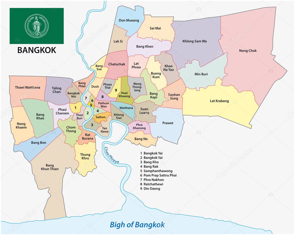 bangkok administrative and political map with flag