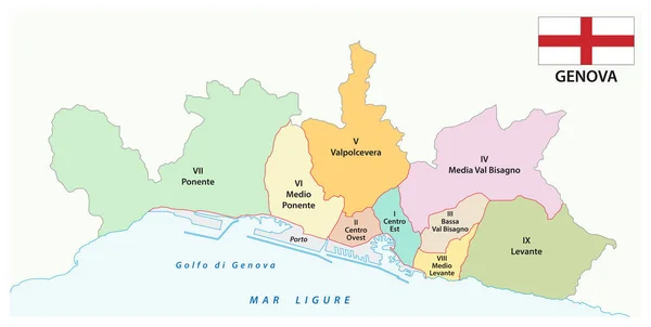 Mapa administrativo da capital liguriana genoa com bandeira itália — Vetor de Stock