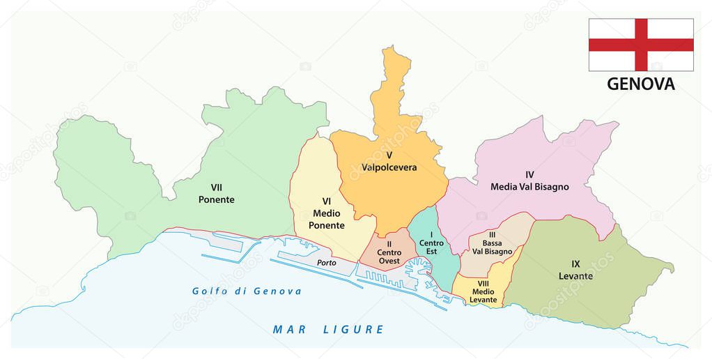administrative map of the ligurian capital genoa with flag italy