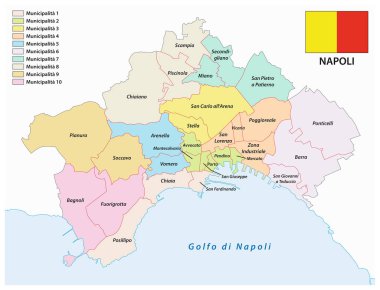 Administrative map of the Campanian capital Naples with flag Italy clipart