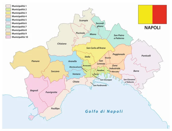 Mapa administrativo de la capital de Campania Nápoles con bandera Italia — Vector de stock