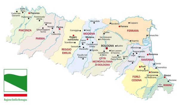 Mapa de la región italiana emilia romagna con provincias y bandera — Archivo Imágenes Vectoriales