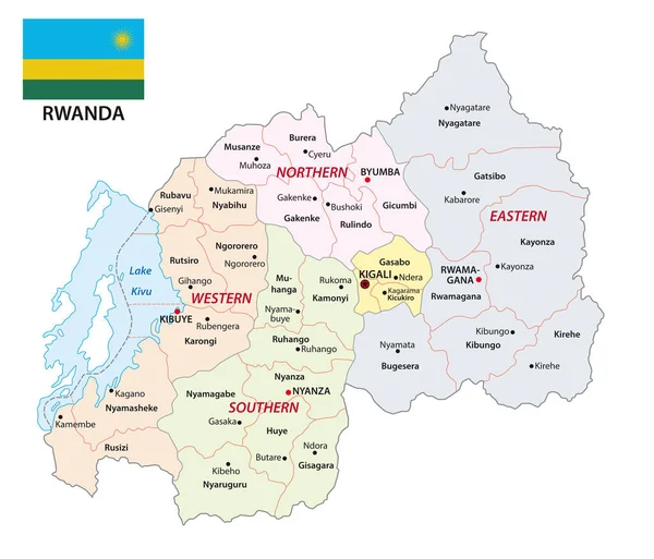 Mapa administracyjna Republiki Rwandy z banderą — Wektor stockowy