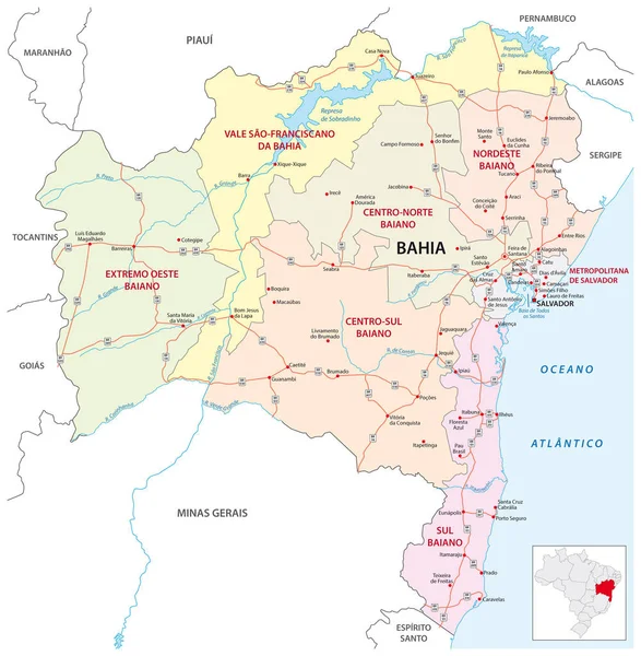 Bahia carretera y mapa administrativo brasil — Vector de stock