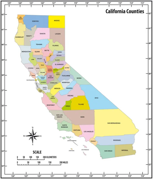 แผนที่การบริหารและการเมืองของรัฐแคลิฟอร์เนียในสี — ภาพเวกเตอร์สต็อก