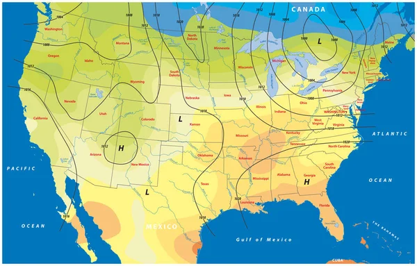 Mapa ficticio de los EE.UU. temperatura presión barométrica viento velocidad dirección viento — Archivo Imágenes Vectoriales