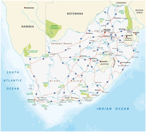Sur de África carretera y Parque Nacional mapa — Vector de stock