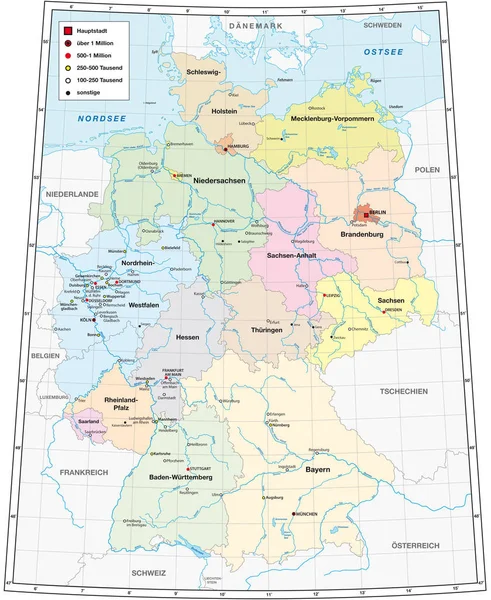 Mapa de Alemania con todas las ciudades más de cien mil habitantes en lengua alemana — Vector de stock