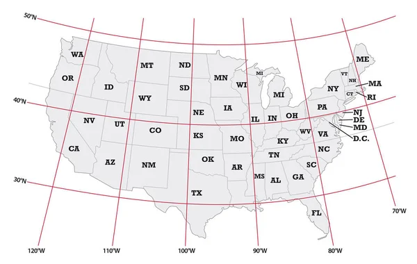 Hartă administrativă Statele Unite ale Americii cu latitudine și longitudine — Vector de stoc