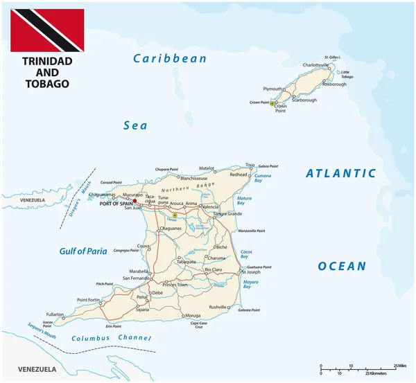 Trinidad Und Tobago Straßenkarte Mit Flagge — Stockvektor