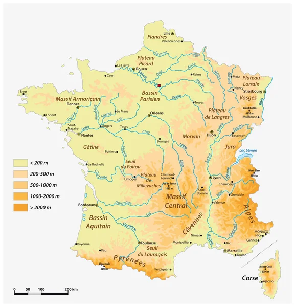 Detaljerad Fysisk Vektorkarta Över Den Franska Republiken — Stock vektor