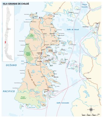 Şili 'nin Chiloe adasının vektör yol haritası.