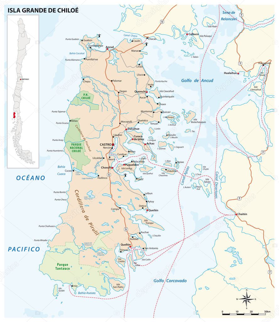 Vector road map of the Chilean island of Chiloe, Chile