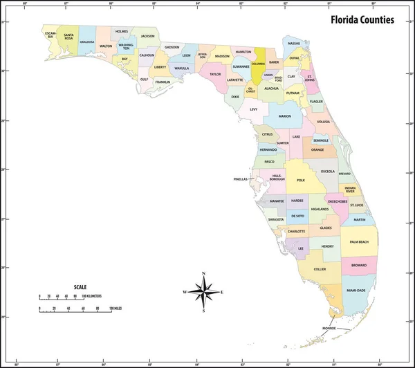 Флоріда Окреслює Адміністративну Політичну Мапу Кольором — стоковий вектор