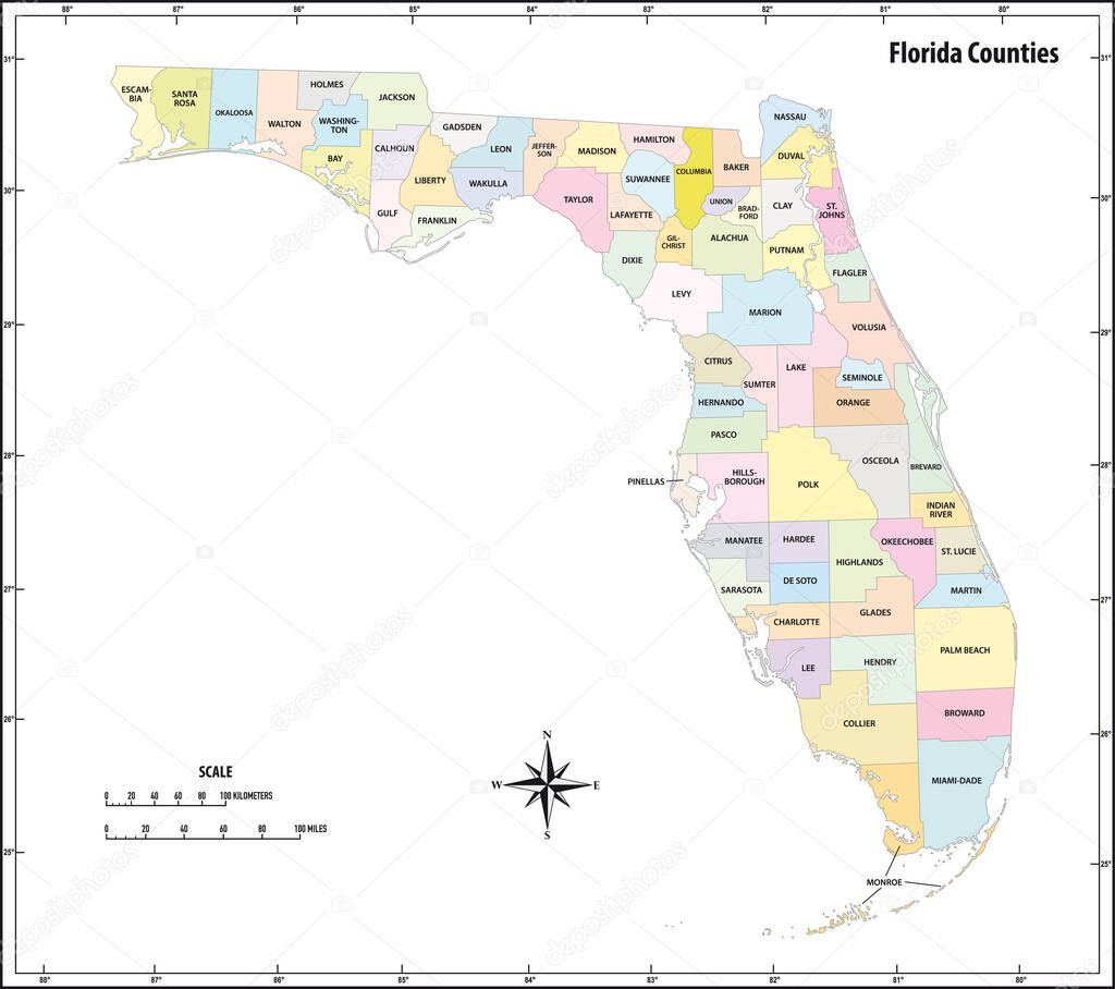 florida state outline administrative and political map in color