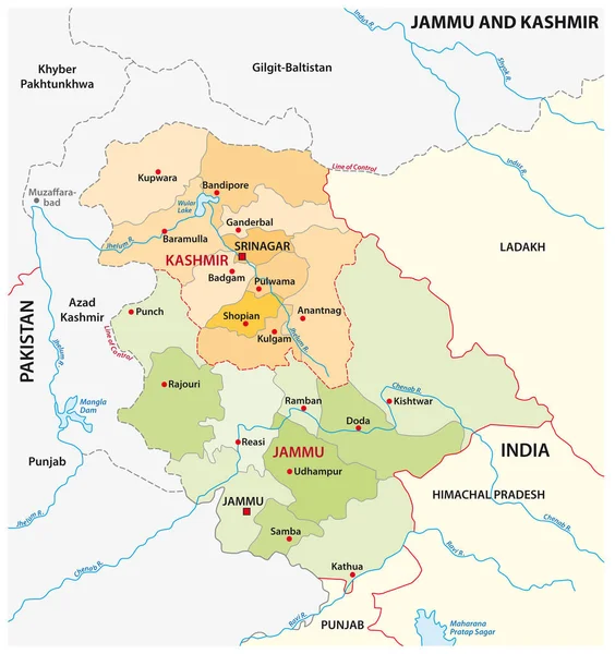 Mappa Amministrativa Vettoriale Della Regione Indiana Del Jammu Del Kashmir — Vettoriale Stock