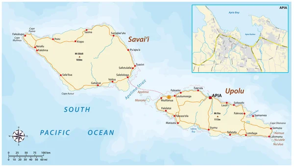 Peta Jalan Vektor Samoa Dengan Peta Kota Apia - Stok Vektor
