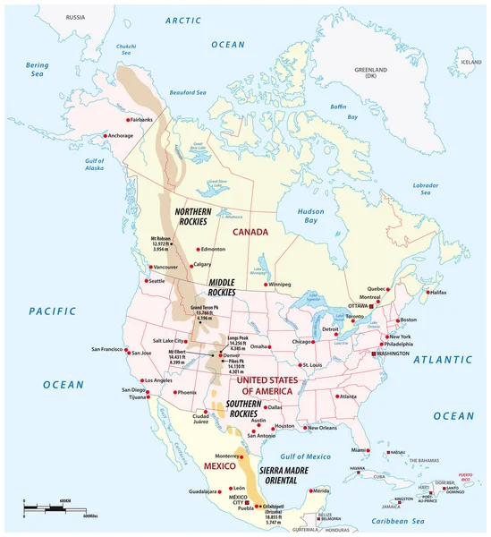 Mapa Del Esquema Vectorial Las Montañas Rocosas América Del Norte — Archivo Imágenes Vectoriales