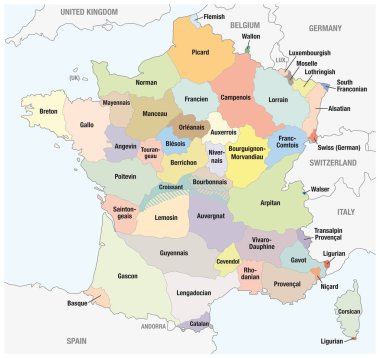 Ana Fransız bölgesel dillerinin vektör ana hatları haritası