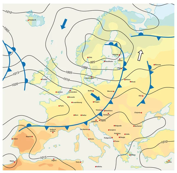 欧洲与首都的假想气象矢量天气图 — 图库矢量图片