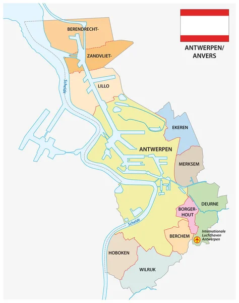 Administrativ Vektorkarta Över Den Belgiska Staden Antwerpen Med Flagga — Stock vektor