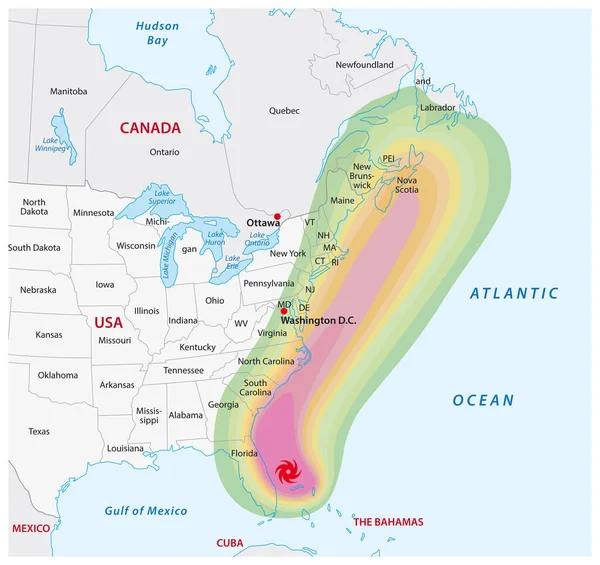 Schematická Vektorová Mapa Fiktivního Hurikánu Severní Americe — Stockový vektor