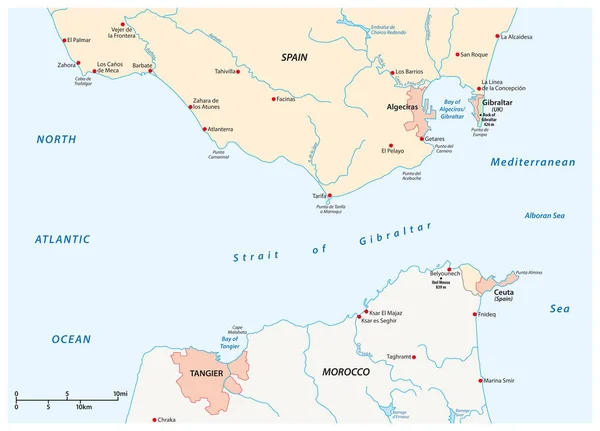 Straat Van Gibraltar Waterweg Tussen Spanje Marokko Vectorkaart — Stockvector