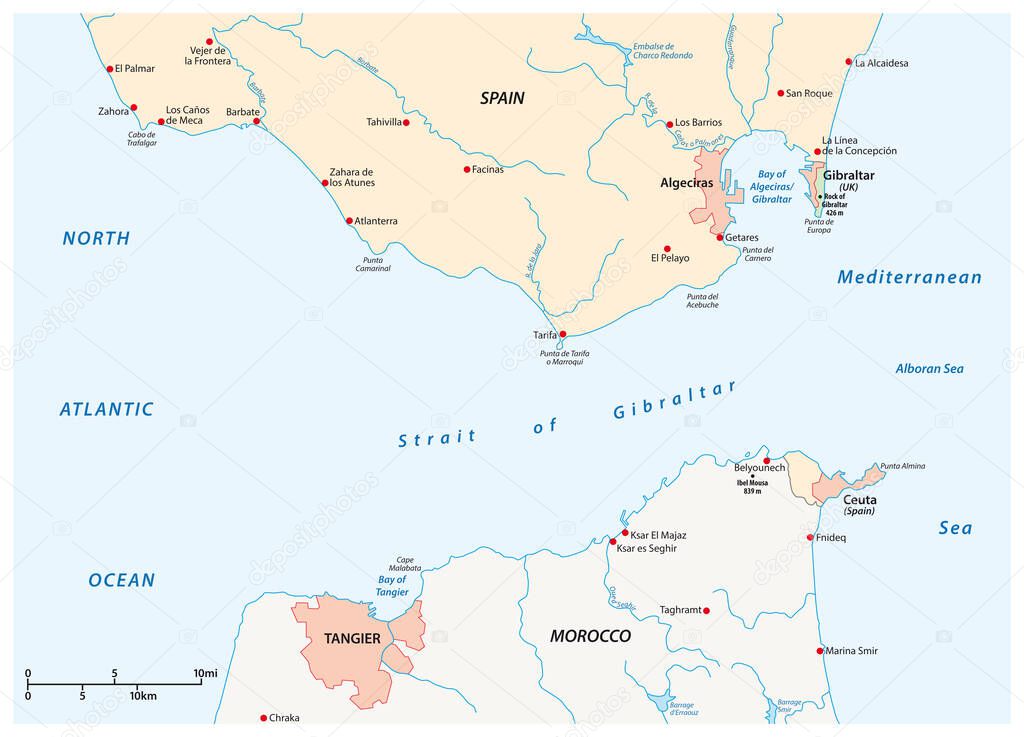 Strait of Gibraltar, waterway between Spain and Morocco vector map