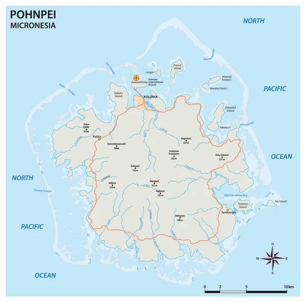 Mapa Estradas Vetor Principal Ilha Micronésia Pohnpei —  Vetores de Stock
