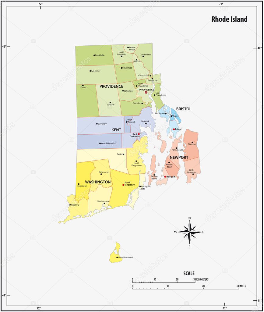 rhode island state outline administrative and political vector map in color