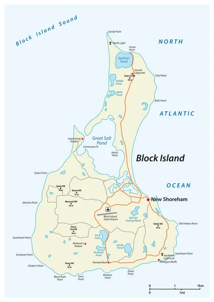 Mapa Estradas Vector Block Island Rhode Island Estados Unidos América —  Vetores de Stock
