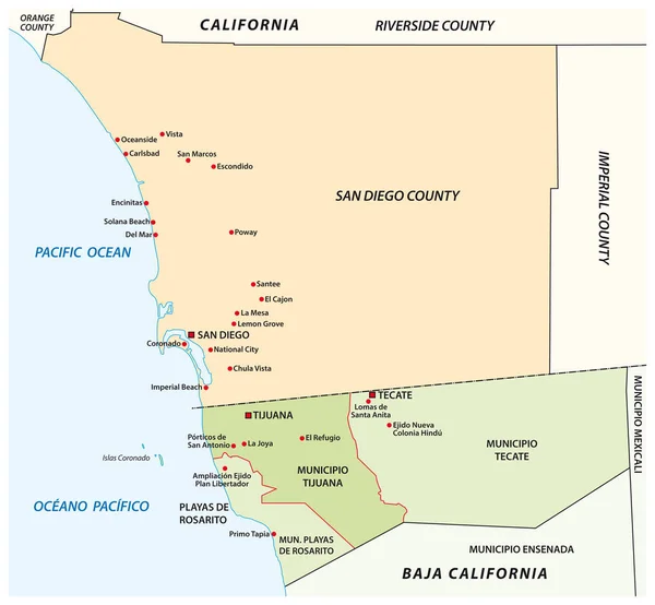 Mappa Vettoriale Amministrativa Dell Agglomerato Transfrontaliero San Diego Tijuana Messico — Vettoriale Stock