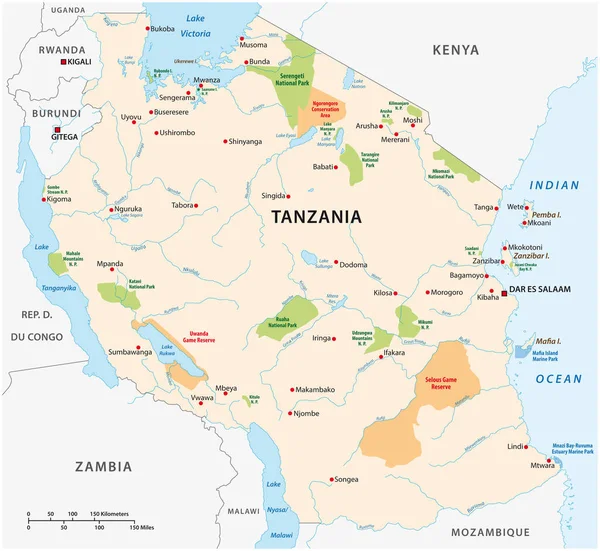 National Park Vector Map East African State Tanzania — стоковий вектор