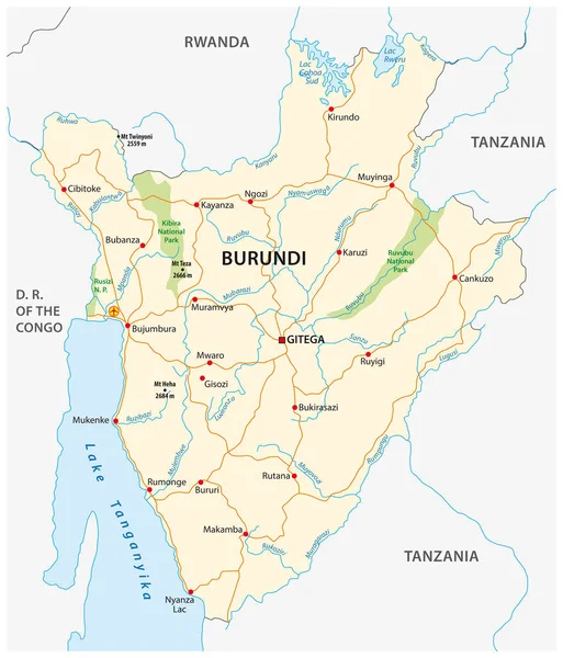 Carta Stradale Vettoriale Del Burundi Con Nuova Capitale Gitega — Vettoriale Stock