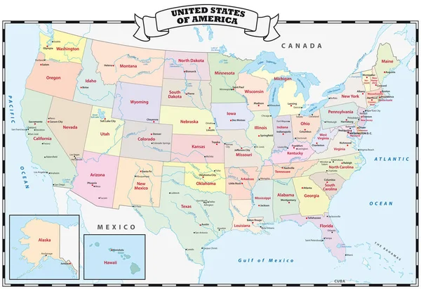 Statele Unite Colorate Hartă Vectorială Administrativă Politică — Vector de stoc