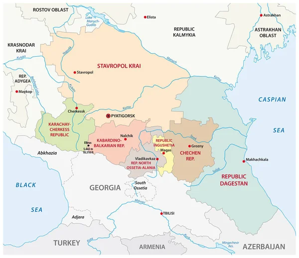 Administrativní Vektorová Mapa Ruského Severokavkazského Federálního Okrsku — Stockový vektor