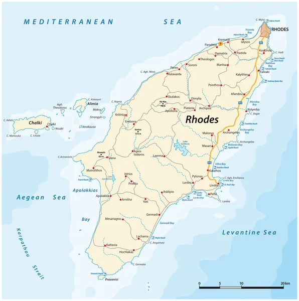 罗得岛希腊地中海岛屿的矢量路和海滩图 — 图库矢量图片